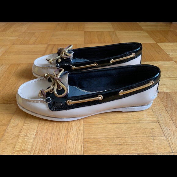 Sperry Top Sider Boat Shoe Flat Beige Black Gold 6 - Picture 7 of 16